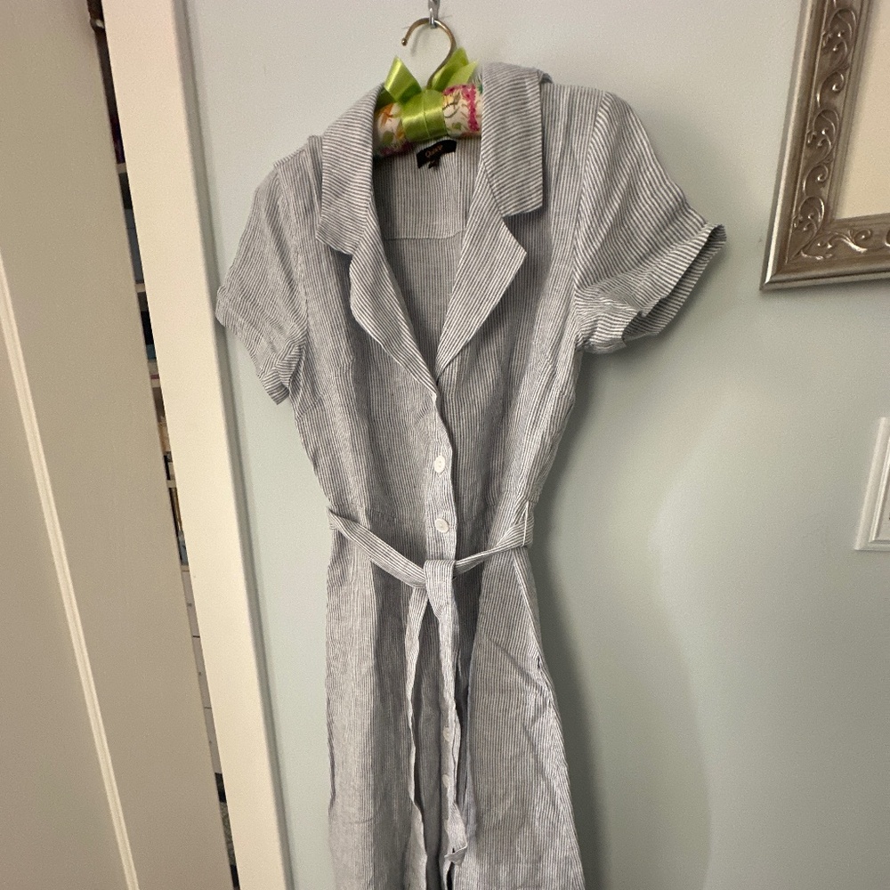 Quince Linen Belted Shirtdress blue stripe XS